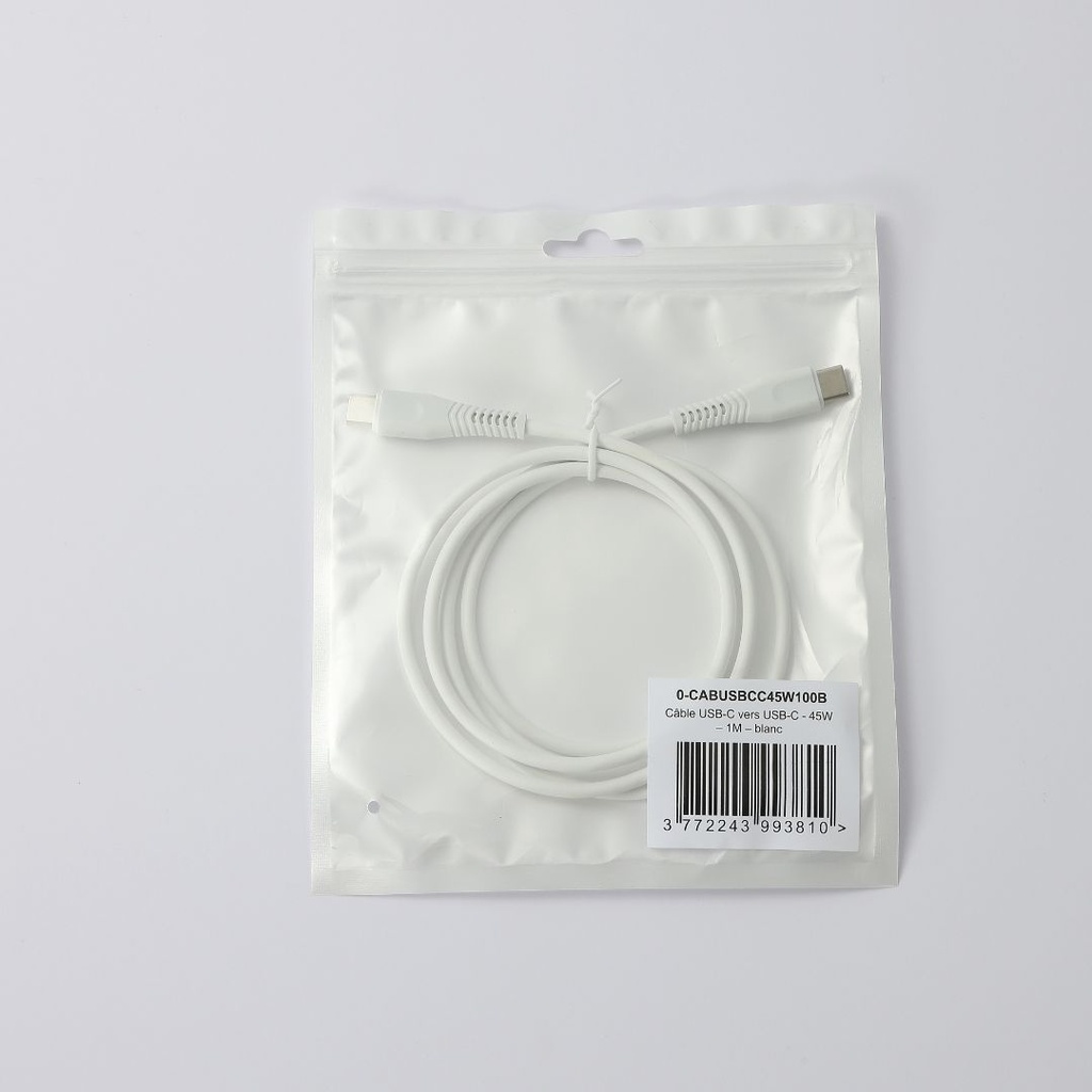 C ble USB-C/USB-C 2.0 Male/Male - 45W - Longueur 1M - Blanc - en sachet