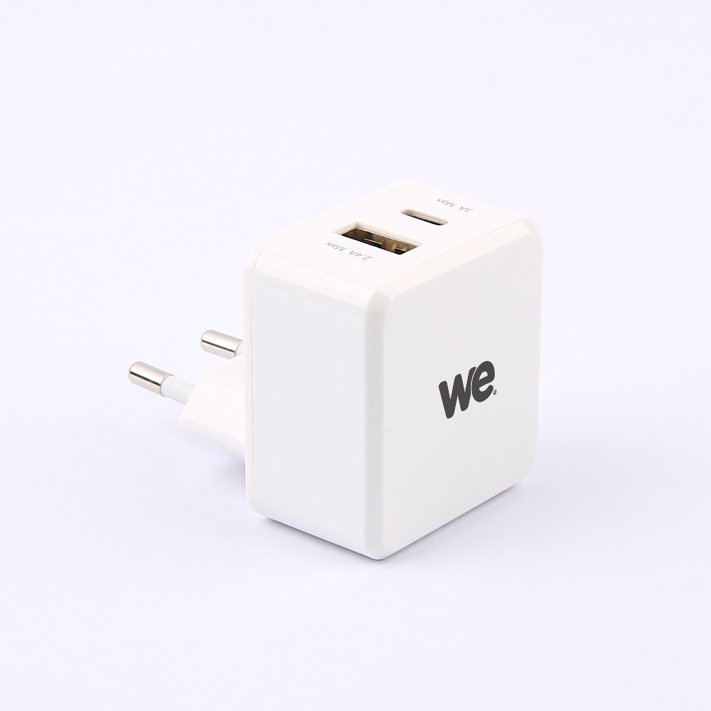 Chargeur secteur 2 sorties 1 USB A et 1 USB C Capacité totale 3A blanc