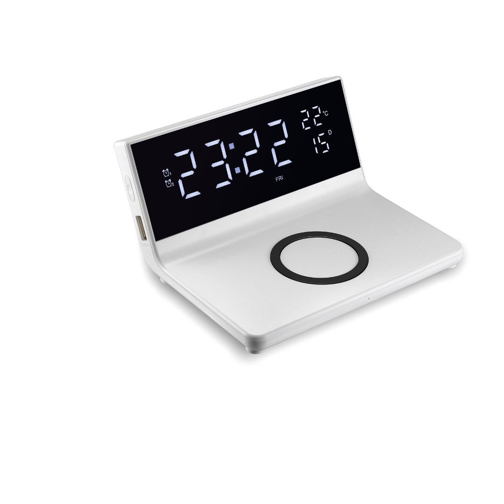 Réveil avec chargeur induction à 15W max, double alarme, lumiosité réglable, 1 p