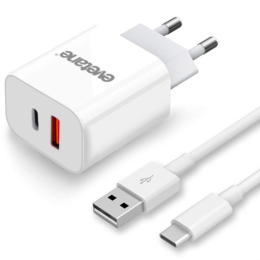 Chargeur secteur 2 sorties 1 USB A et 1 USB C Capacité totale 3A - 20W - blanc