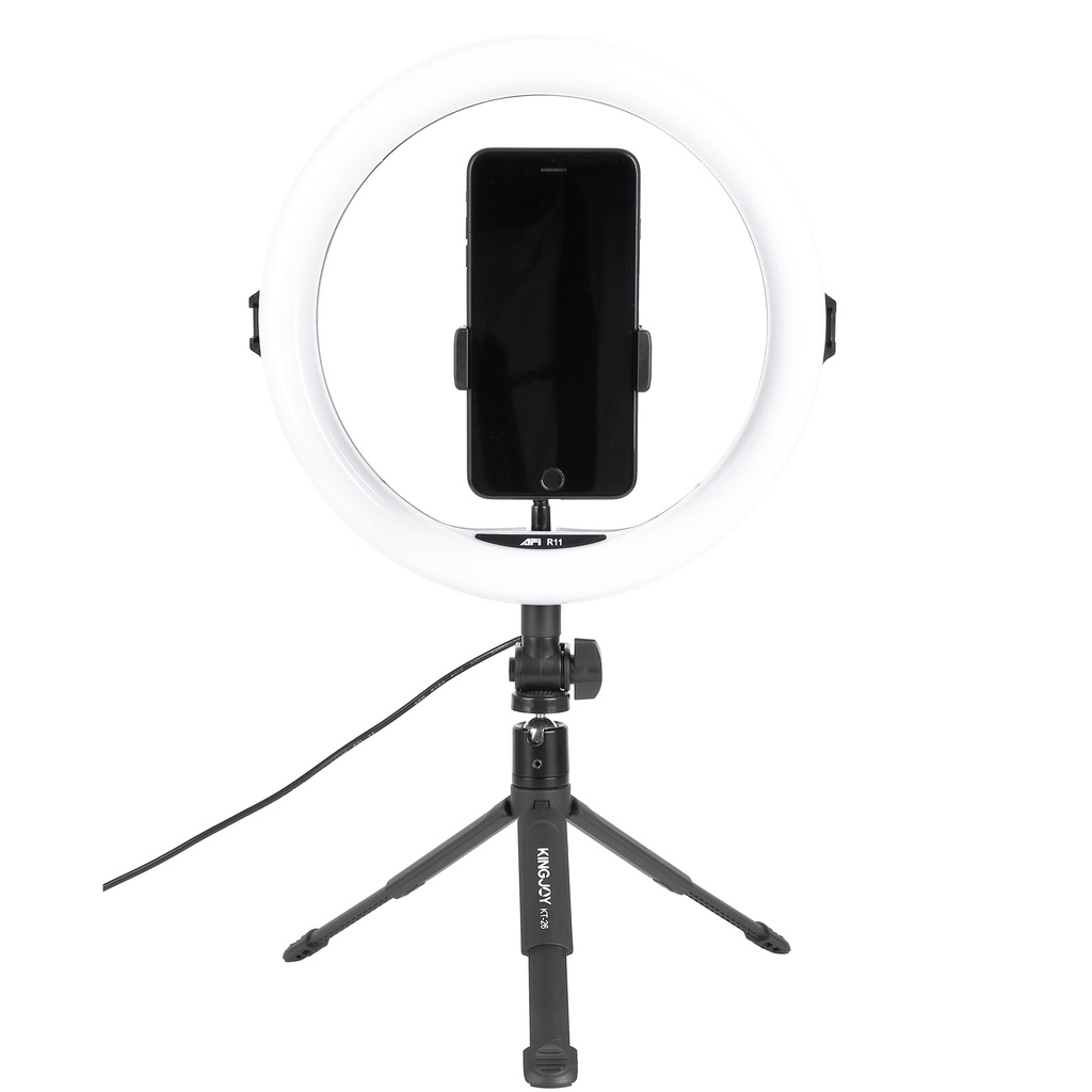 Anneau lumineux en LED, diam 26cm trépied de 19cm, support de telephone, connexi
