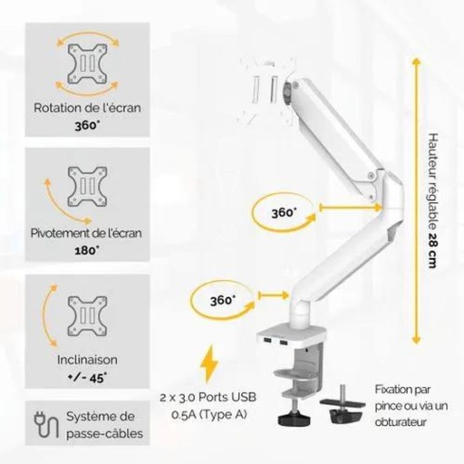 [8056201] FELLOWES BRAS PORTE-ECRAN SIMPLE BLANC PLATINUM SERIES