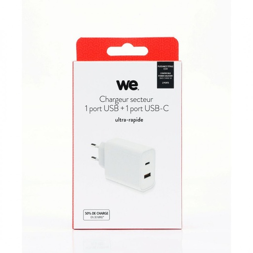[WEAL1USB1USBC65W] Chargeur secteur WE 1 Port USB + 1 Port USB-C, Total 65W,  Power Delivery, color