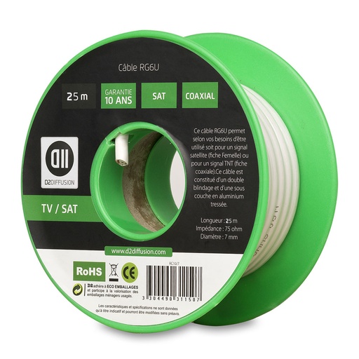 [D2BOB25] Bobine de c ble Coaxial 25 m Blanc diamètre 7mm