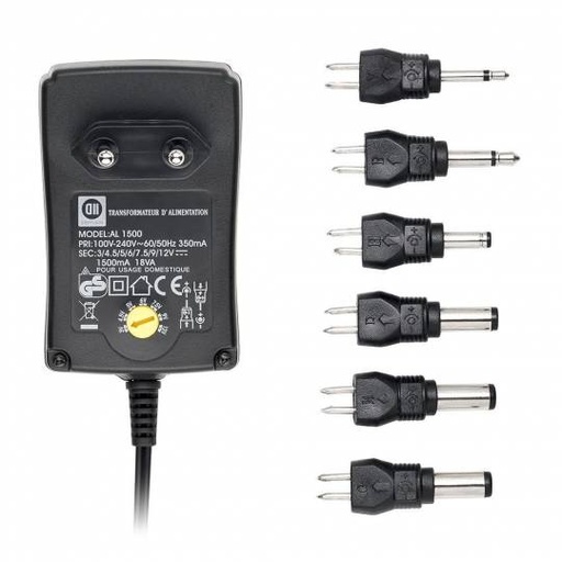 [D2AL1500] Bloc d'alimentation Universel1500mA +6 fiches - Entrée 240V 18W Sorties 3/4,5/5/