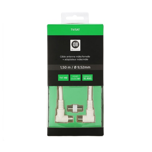 [D2COAX150COUD2] C ble Coaxial m le/femelle Fiches coudé à 90  des 2 c tés 1.50 m Blanc 9.52 mm