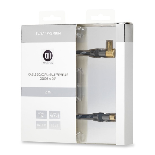 [D2COAX200HG] C ble coaxial M le/Femelle coudé à 90  2 m 85dB Fiches or - double blindage