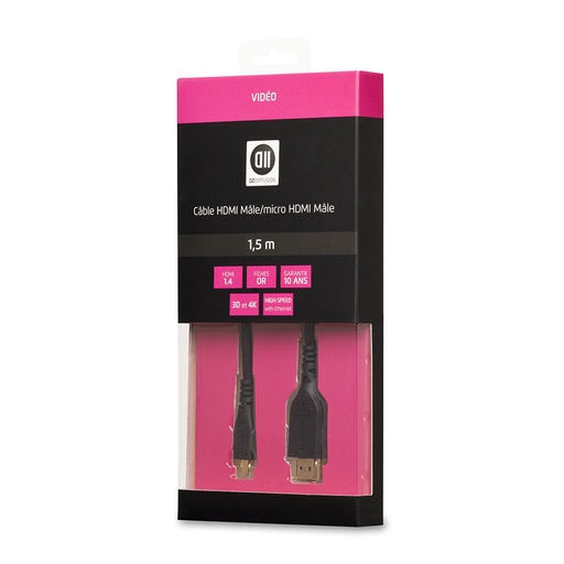 [D2MICROHDMI150] C ble HDMI 1.4 M/micro HDMI M 1.50 m c ble noir connecteur gold