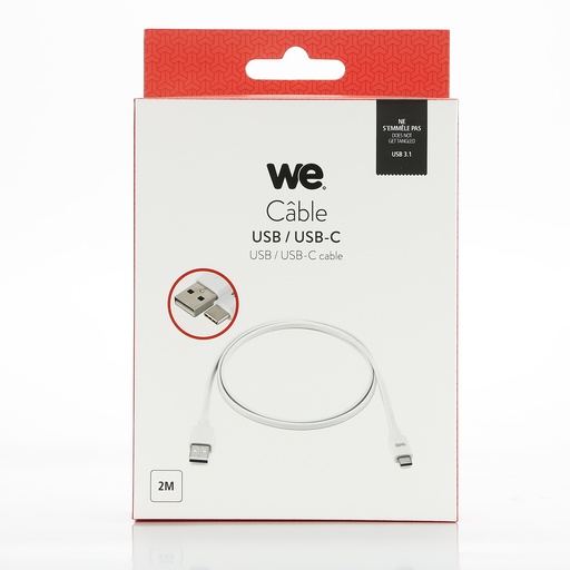[WEUSBCUSBPLAT200BL] C ble USB-C m le/USB A m le plat 2 m - USB 3.1 gen 1 - blanc ne s'emm le pas